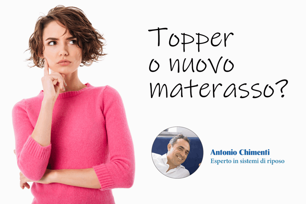 Donna che si interroga se cambiare il topper o acquistare un nuovo materasso.